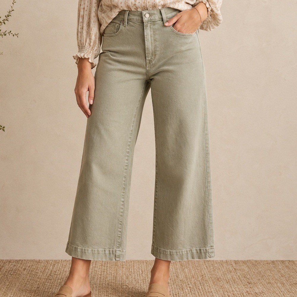 GAP Womens High Rise Wide Leg Crop Jeans Olive Green Size 10 30R Stretch Denim